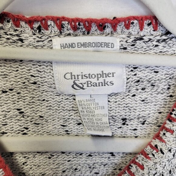 Christopher & Banks Large Cardigan Sweater Black Red White Hand Embroidered - Picture 6 of 6